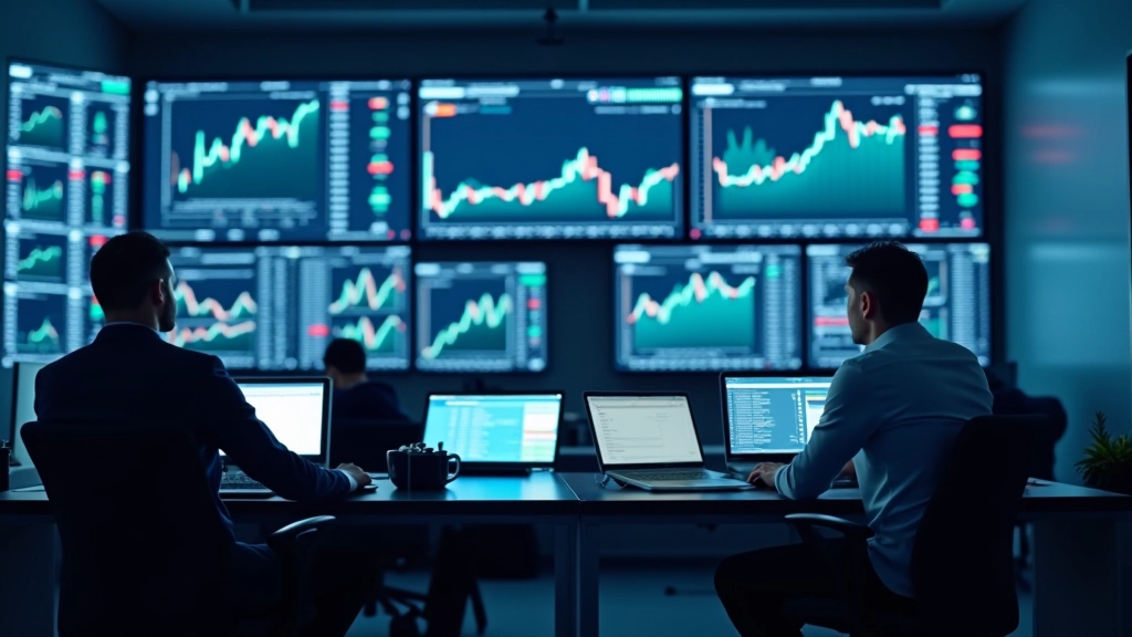 Bureau de trading professionnel avec analystes étudiant les stratégies du marché