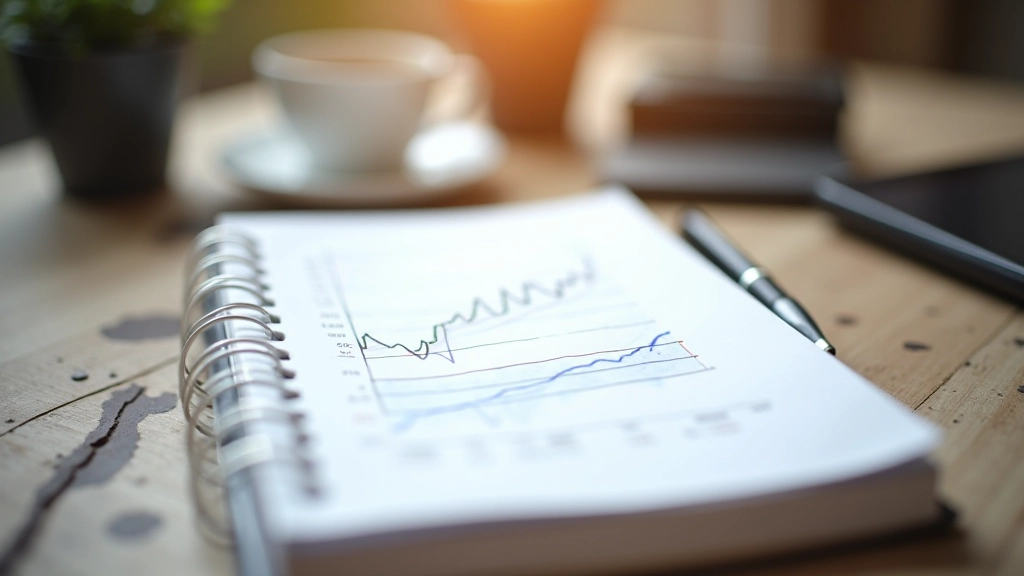 Carnet de notes ouvert avec stratégies de trading écrites à la main, graphiques dessinés et plans de trading quotidiens