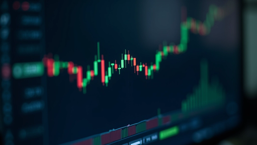 Écran d'ordinateur affichant graphique de trading avec candlesticks, indicateurs techniques et lignes de support/résistance